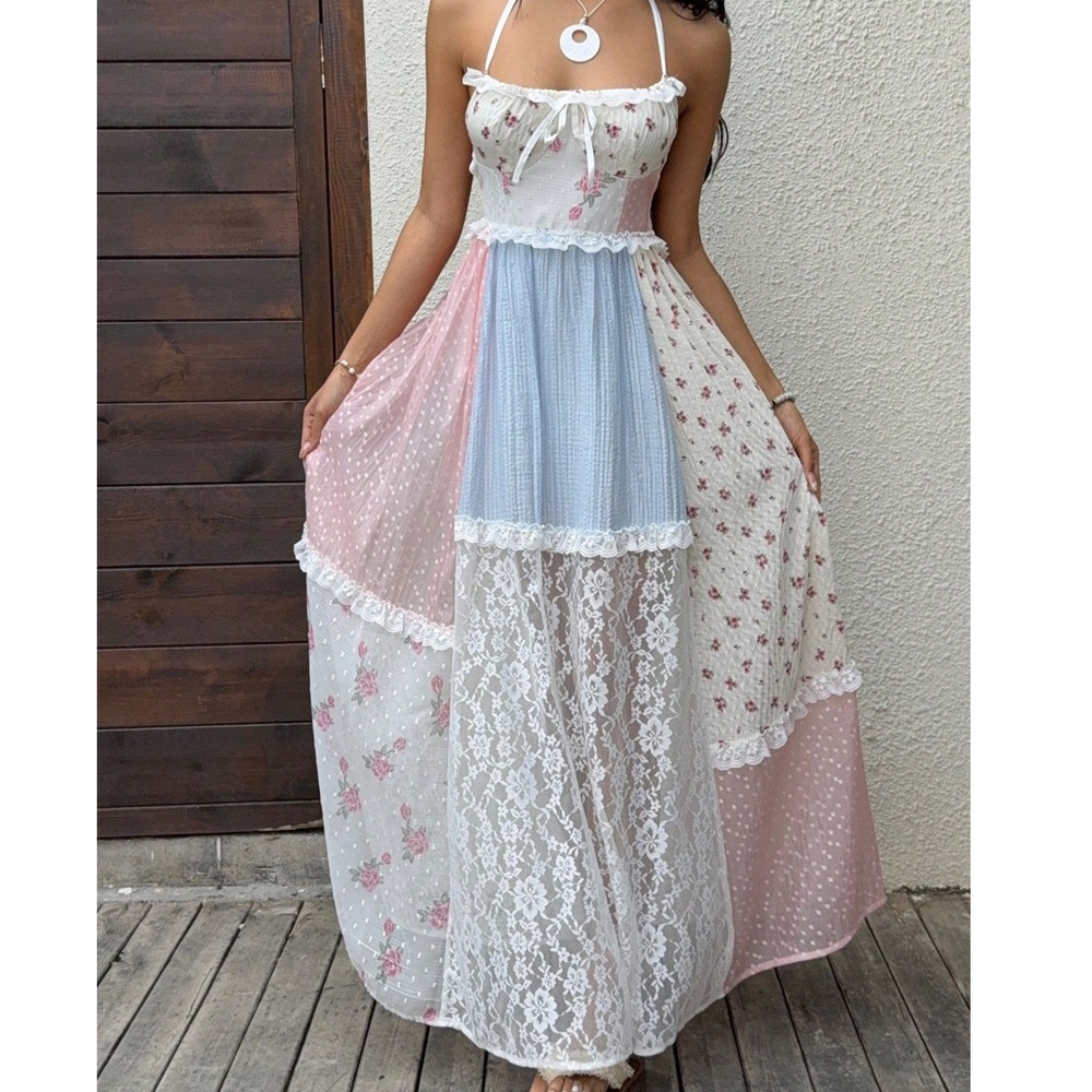 Pastel Patchwork Lace Maxi Dress in Pink & Blue - Picture 2 of 5
